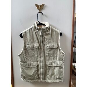 Old Navy Utility Vest Women 8 Khaki Excellent Sherpa Lined Full Zip Cargo Pocket